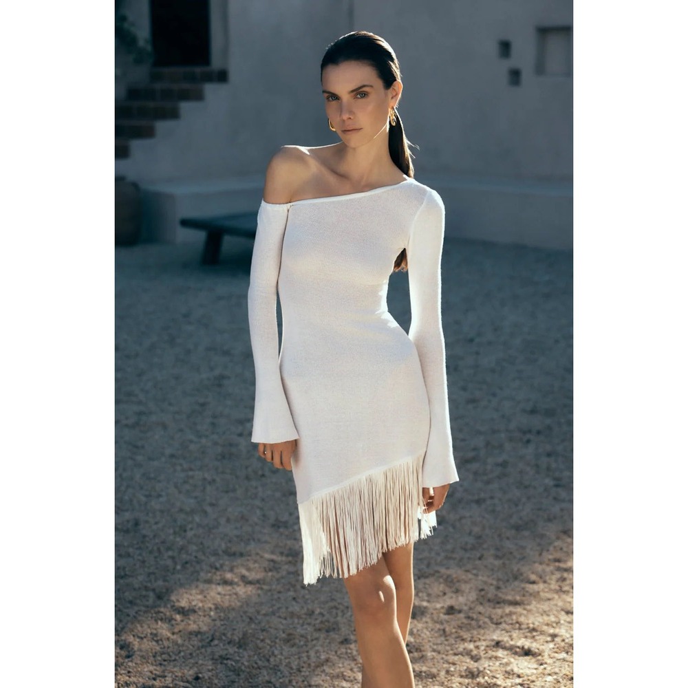 NWT MESHKI Kayden Fringe Off Shoulder Knit Mini Dress Ivory XXL